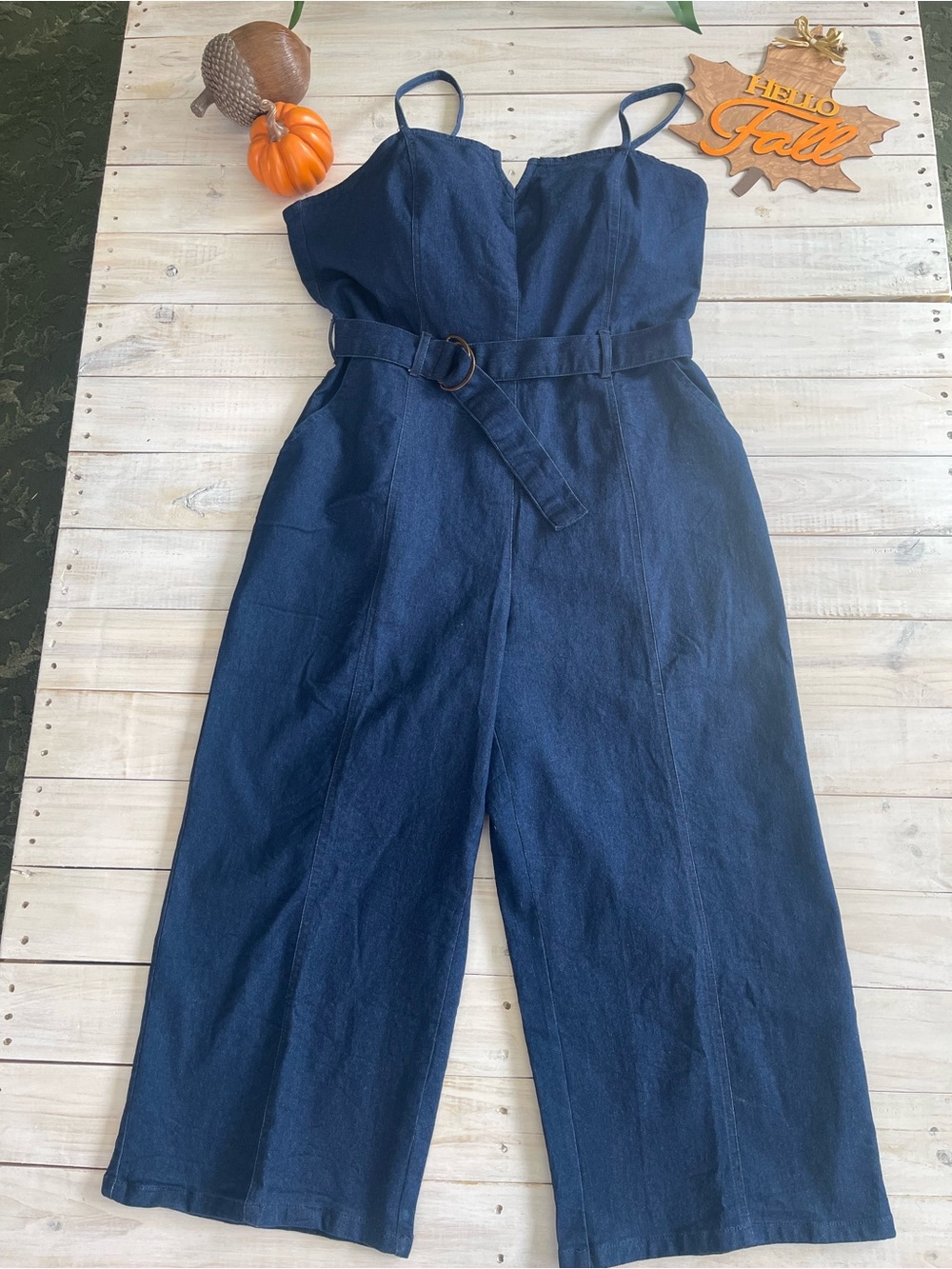 Denim-Look Navy Belted Jumpsuit - Women's